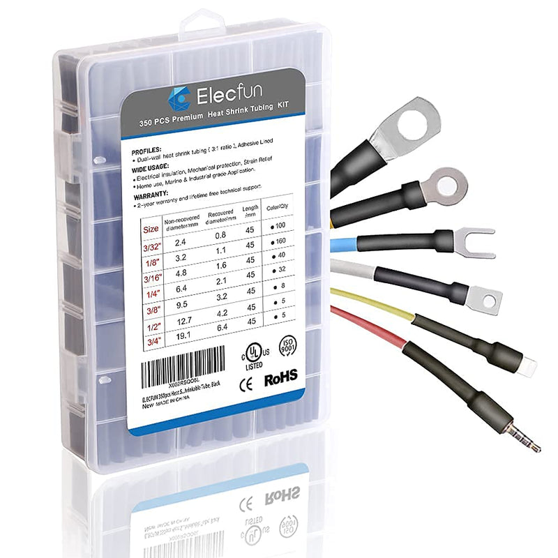 Waterproof Heat Shrink Tubing Kit 350 pcs, ELECFUN 3:1 Dual Wall Tube - Adhesive Lined - Marine Heat Shrink Tubing Black, 7 Sizes 0 KIT350