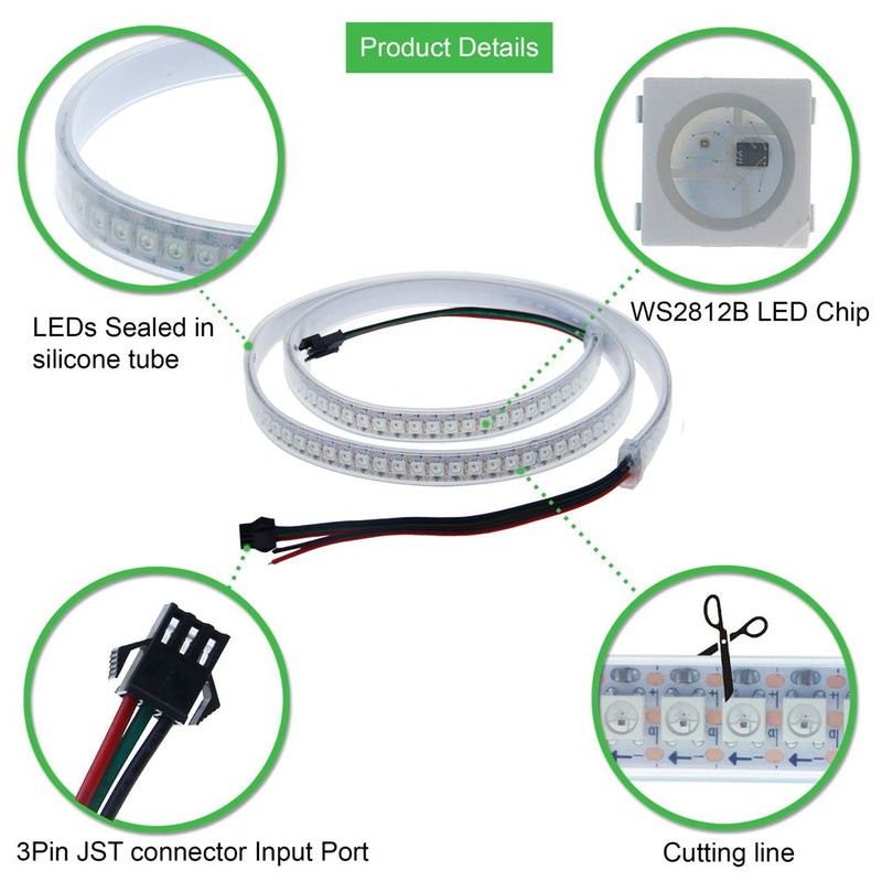 [AUSTRALIA] - ALITOVE 3.2ft WS2812B Individually Addressable LED Strip 1m 144 LED Pixel Flexible Light 5050 RGB SMD Waterproof IP67 White PCB 5V DC 