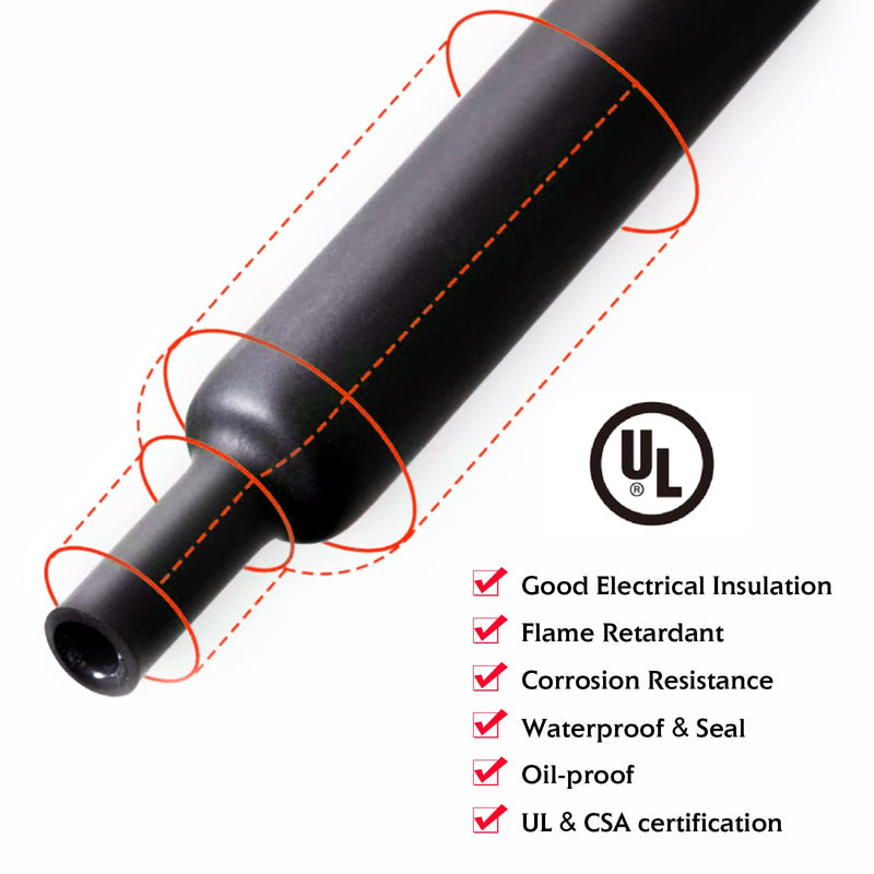 Black Heat Shrink Tubing 4:1 Adhesive Lined - Marine Grade Waterproof Wire Shrink Tube Insulation Seal (1/4“-20Feet, Black) 1/4“-20Feet