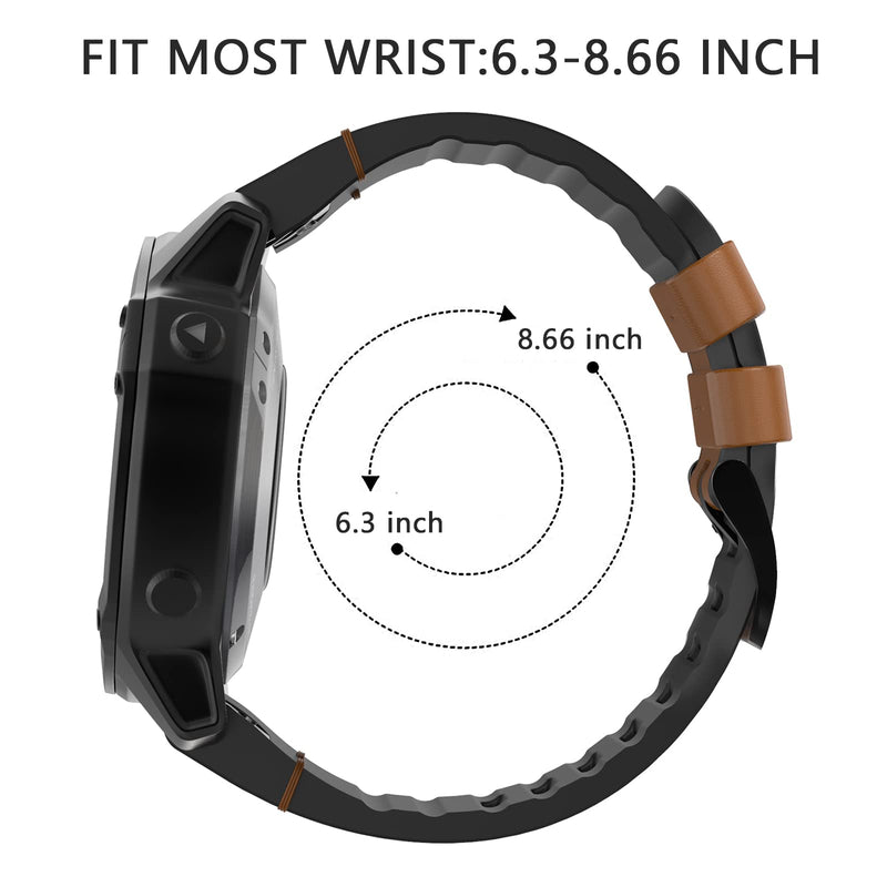 Leather Watch Bands for Fenix 6X / Fenix 5X, Quick Fit 26mm Soft Genuine Leather with Silicone Sweatproof Wrist Strap for Garmin Fenix 6X Pro Brown