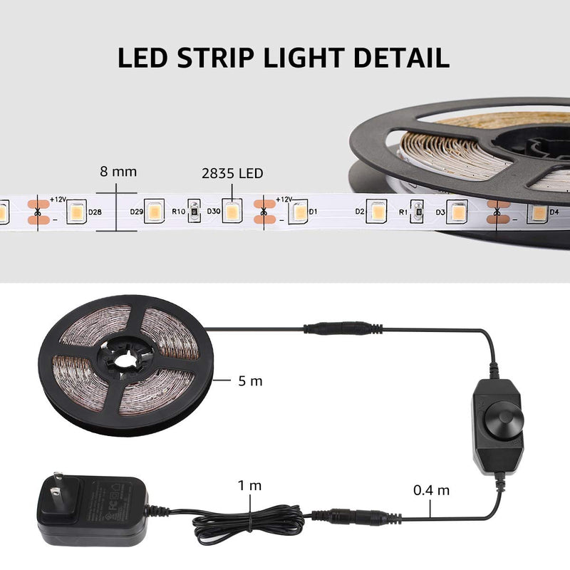 Lepro LED Strip Light Kit, 16.4ft Rope Light, Flexible, 300 LEDs SMD 2835, Dimmable LED Tape, for Home, Kitchen, Under Cabinet, Bedroom, Daylight White