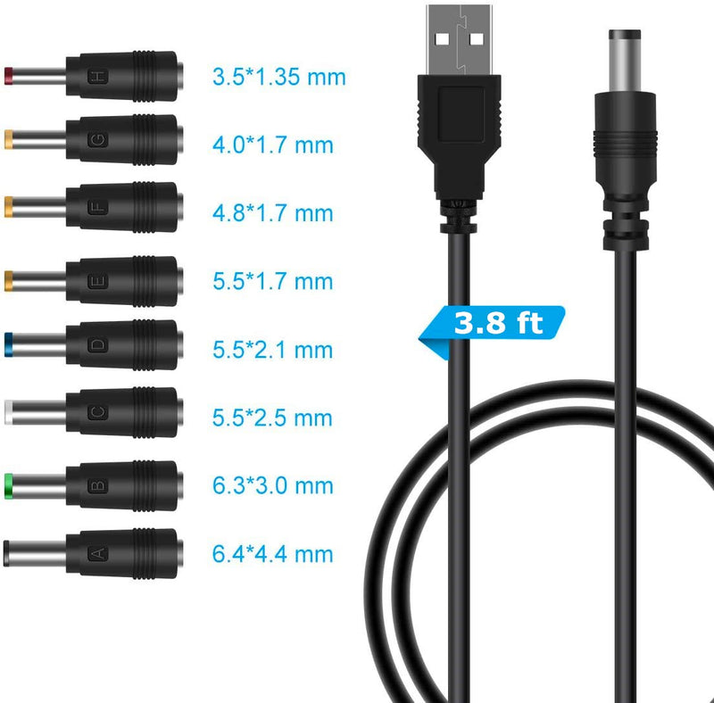 TFSeven USB to DC Power Cable 8 in 1 Universal USB to DC Jack Power Charging Cable Cord 8 Interchangeable Plug Connectors Adapter + QC Wall USB Charger for Router,Mini Fan,Speaker,Camera,Game Console