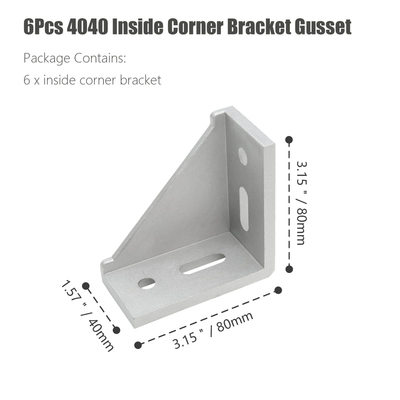 Qjaiune 6Pcs 4040 Inside Corner Bracket Gusset, Silver 4080 Aluminum Extrusion Brackets, Aluminum L Bracket Connector for 4040 Series Aluminum Extrusion Profile with Slot 8mm 4040 Seriess, Bracket Only