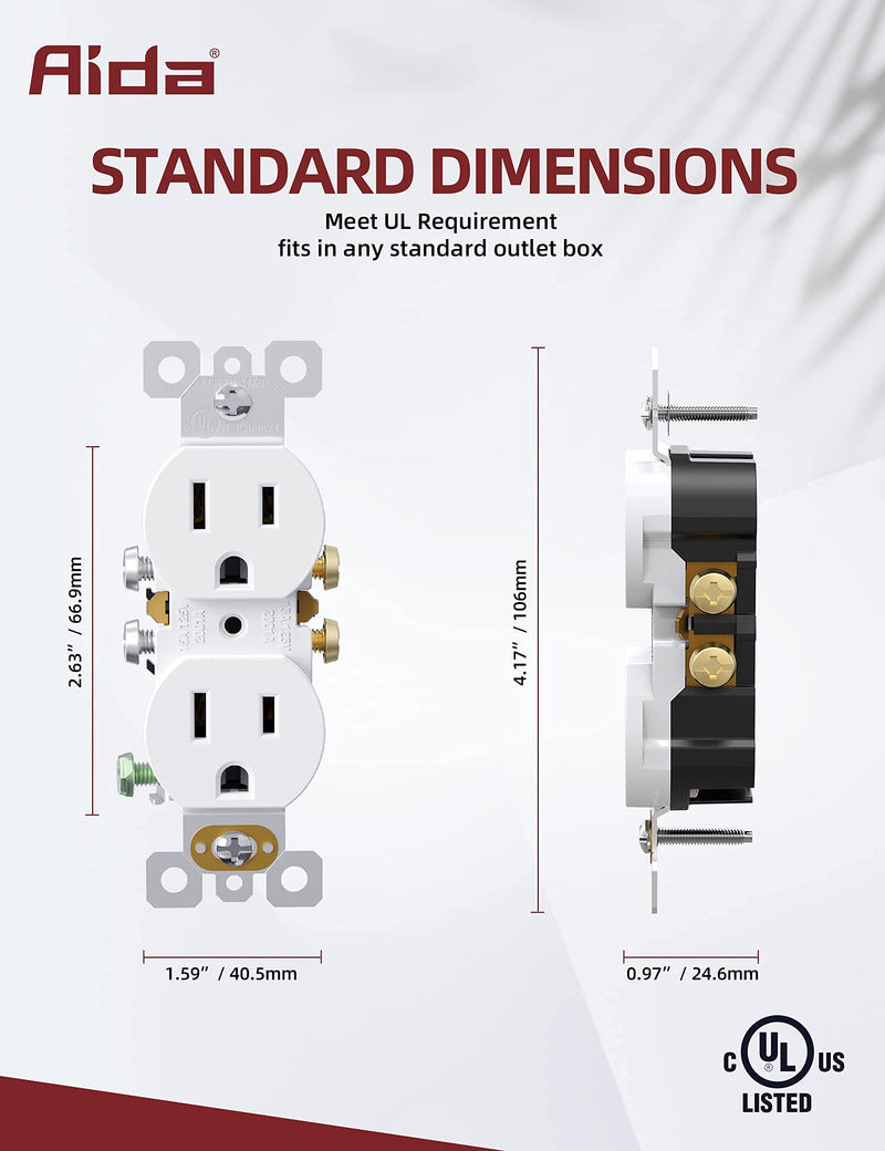 AIDA Duplex Receptacle Wall Outlet, Residential, 3-Wire, Self-Grounding, 15Amp 125V, UL Listed, Push & Side Wire, White (10 Pack) 15Amp Duplex Receptacle Outlet