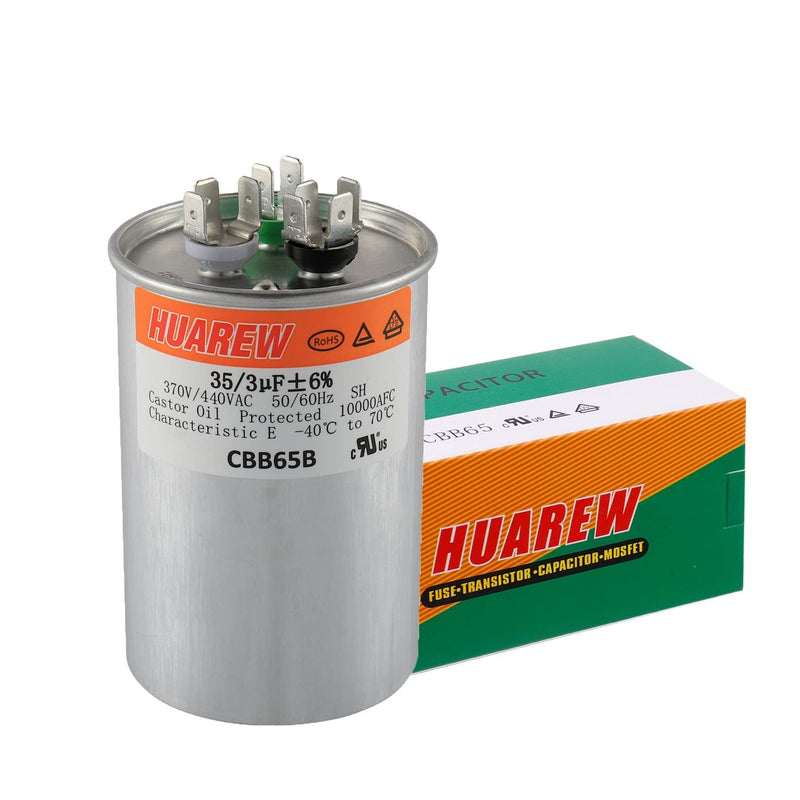 HUAREW 35+3 uF ±6% 35/3 MFD 370/440 VAC CBB65 Dual Run Start Round Capacitor for Condenser Straight Cool or Heat Pump Air Conditioner or AC Motor and Fan Starting