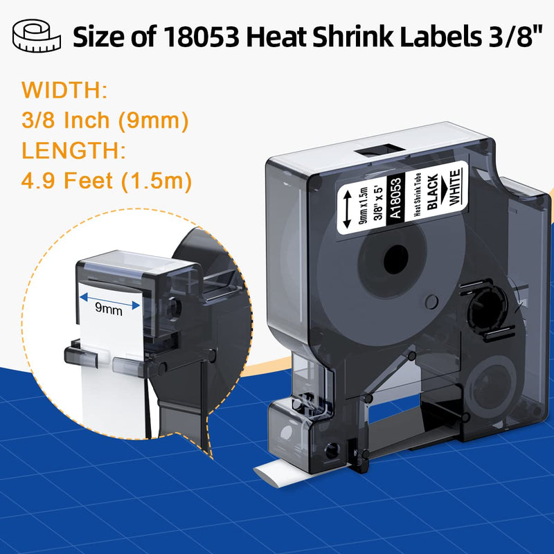[AUSTRALIA] - Rhino 5200 4200 5000 6000 3000 Label Tape Heat Shrink Labels 3/8" Replacement for Dymo Rhino 18053 Work with Rhinopro Industrial Label Maker Tape Refills, Black on White, 3/8" x 4.9',5-Pack 3/8'' 