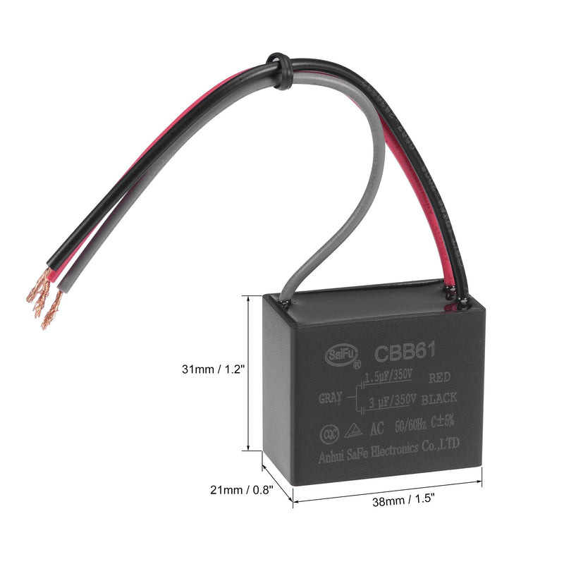 [AUSTRALIA] - uxcell Ceiling Fan Capacitor CBB61 1.5/3uF 350V AC 3 Wires Metallized Polypropylene Film Capacitor 38x31x21mm for Electric Fan Pump Motor Generator 3Pcs 