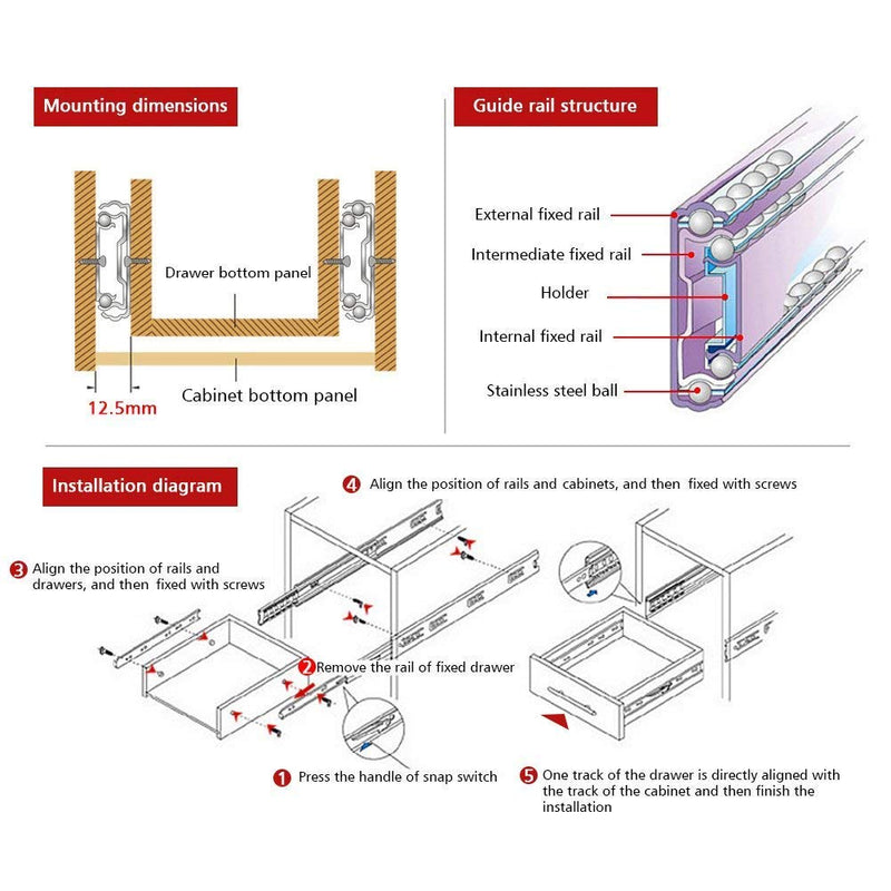 URBEST 2 Pairs 9" Full Extension Ball Bearing Telescopic Drawer Slides Slide Rails (9 inch)