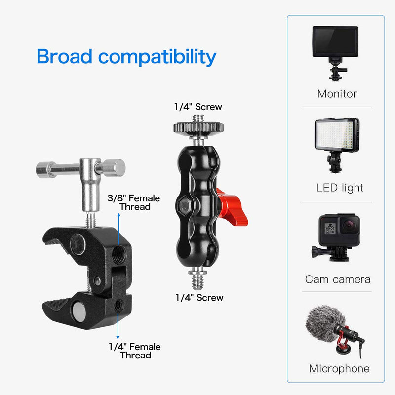 Multi-Function Camera Mount Clamp with 360° Ballhead Arm,Magic Arm Mount Bracket for DSLR Camera/Field Monitor/LED Ball Arm-Red