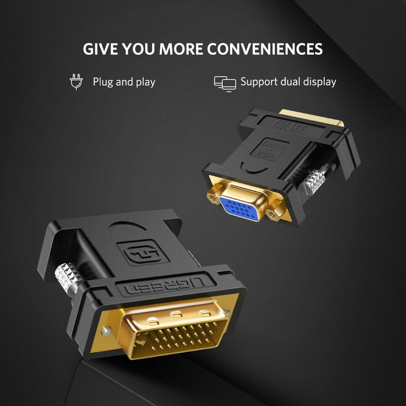 UGREEN DVI to VGA Adapter, DVI-I 24+5 Male to VGA HD15 Female Adapter Converter 1080P for Computer, PC Host, Laptop, Graphics Card to HDTV, LG HP Dell Monitor, Display Screen and Projector