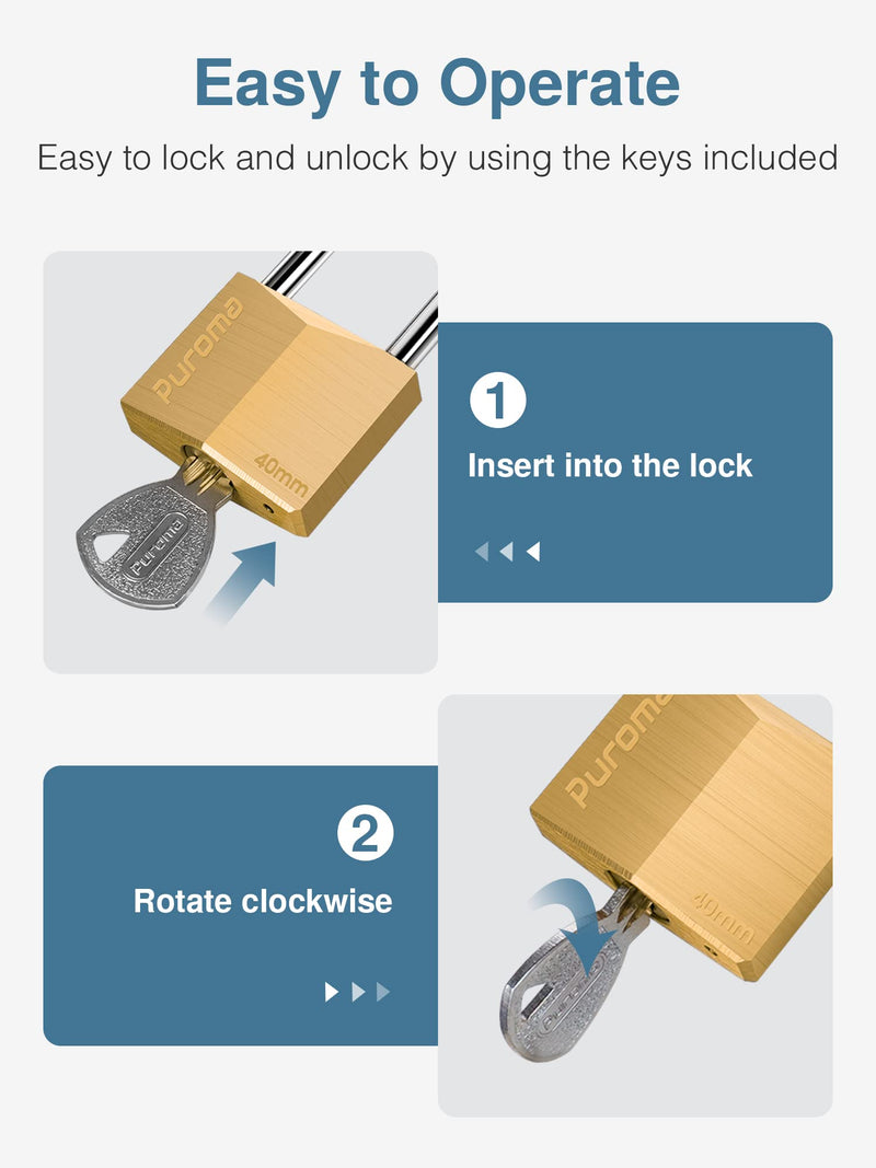Puroma 1 Pack Keyed Padlock Waterproof Solid Brass Lock, 2.6 Inch Long Shackle for Sheds, Storage Unit School Gym Locker, Fence, Toolbox, Hasp Storage