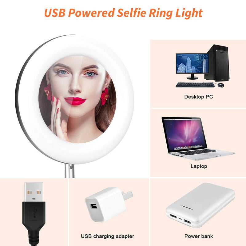 Portable Multi-Functional 6.3" Dimmable LED Selfie Continuous Video Halo Ring Light Zoom Live Stream Phone Holder Stand with Makeup Vanity Mirror Foldable Online Meeting Table Lamp (Pink) Pink