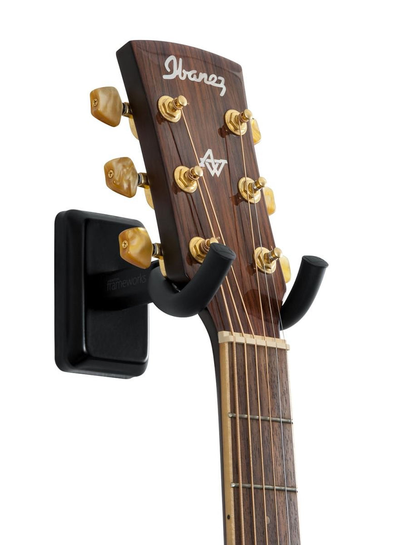 Gator Frameworks Wall Mounted Guitar Hanger with Black Mounting Plate; Fits Both Acoustic and Electric Guitars (GFW-GTR-HNGRBLK)