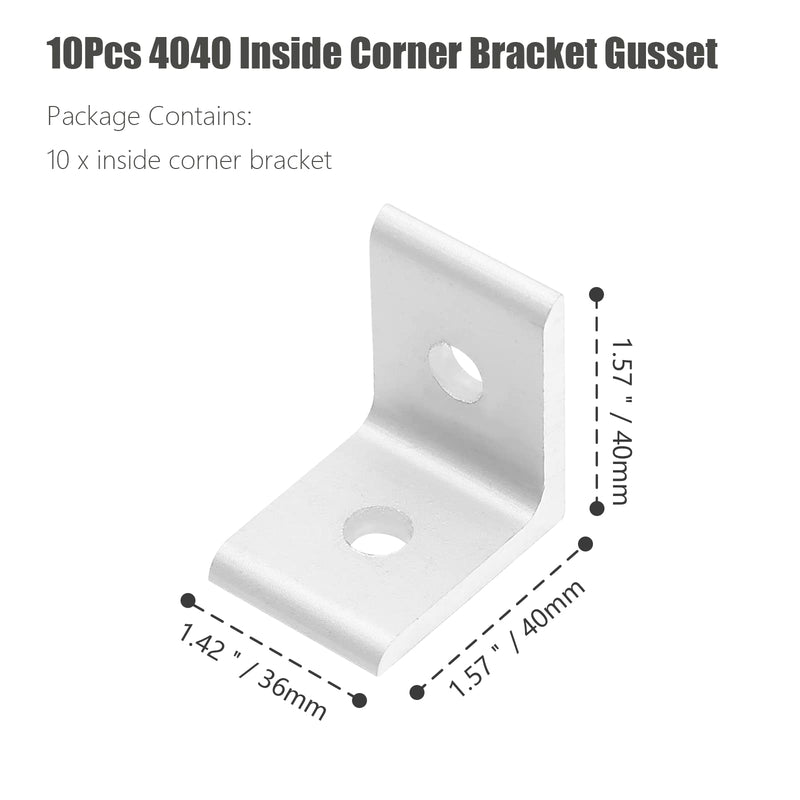 Qjaiune 10Pcs 4040 Inside Corner Bracket Gusset, Silver 4080 Aluminum Extrusion Brackets, 2 Hole Aluminum L Bracket Connector for 4040 Series Aluminum Extrusion Profile with Slot 8mm