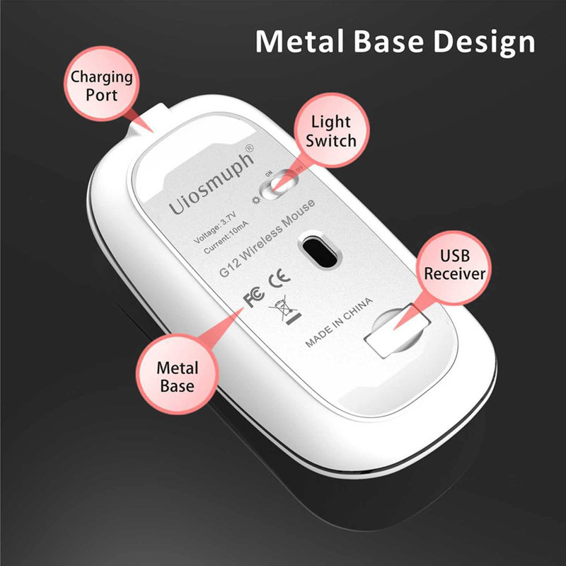 Uiosmuph LED Wireless Mouse, G12 Slim Rechargeable Wireless Silent Mouse, 2.4G Portable USB Optical Wireless Computer Mice with USB Receiver and Type C Adapter (Nude Pink) Nude Pink