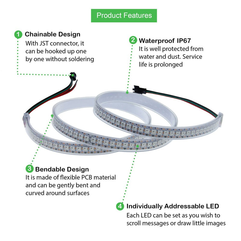 [AUSTRALIA] - ALITOVE 3.2ft WS2812B Individually Addressable LED Strip 1m 144 LED Pixel Flexible Light 5050 RGB SMD Waterproof IP67 White PCB 5V DC 