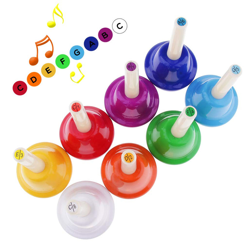 Alnicov Music Hand Bell Rhythm Band Kids Play Hand Bells, 8 Sound, 8 Color Musical Bell for Kids, Senior, Teacher, Desk Bell Metal Hand Bells Set (one set of 8 notes)