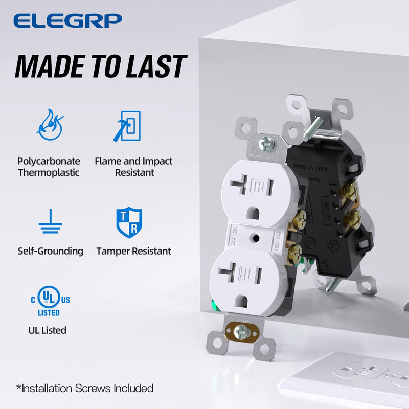[AUSTRALIA] - ELEGRP Tamper-Resistant Duplex Receptacle, 20A 125V Standard Electrical Duplex Wall Outlet, 2 Pole 3 Wire, 5-20R, Self-Grounding, Residential Grade Straight Blade, UL (Glossy White, 10 Pack) Tamper Resistant 