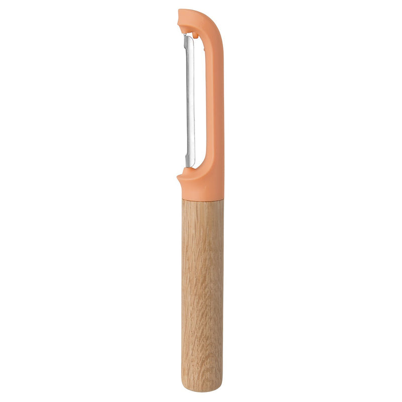 BergHOFF LEO Stainless Steel Blade Straight Peeler Wooden Handle 0.75" x 6.75" Orange & Natural Ergonomically Designed Handle Food-grade Plastic Body User-friendly Design Satin finish