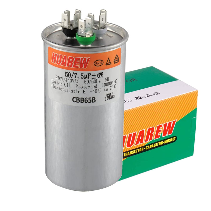 HUAREW 50+7.5 uF ±6% 50/7.5 MFD 370/440 VAC CBB65 Dual Run Start Round Capacitor for Condenser Straight Cool or Heat Pump Air Conditioner or AC Motor and Fan Starting