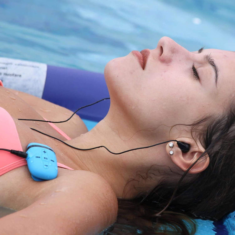 Sewobye Waterproof MP3 Player for Swimming, Waterproof Headphones with Short Cord, mp3 Waterproof Swimming Underwater 3 Meter, Shuffle Feature (Blue) Blue