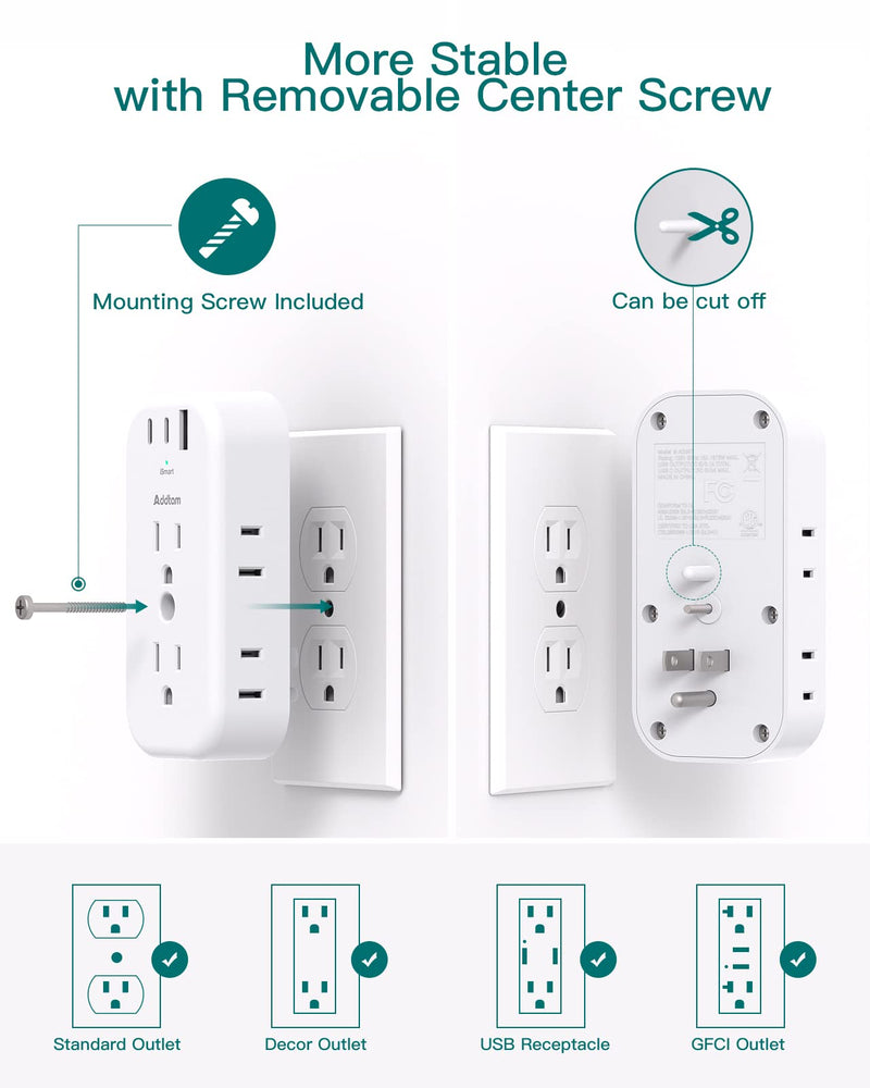 Outlet Extender Multi Plug Adapter - Addtam Electrical 6 Outlet Splitter with 3 USB Wall Charger (2 USB-C Ports), Wall Surge Protector Plug Expander for Cruise, Travel, Home, Office, Dorm Essentials