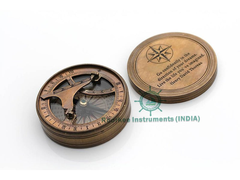 Roorkee Vintage Brass Compass with Leather Case/ Henry David Thoreau Directional Magnetic Compass for Navigation/Sundial Compass for Camping, Hiking, Touring
