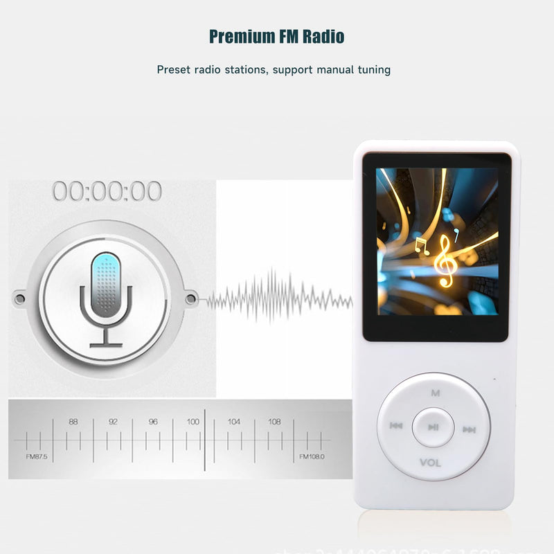 Gugxiom Mp3 Player Mp4 Player, Built in 8GB Memory Capacity, 450mAh Portable Music Player with 1.8in Screen for TXT, MP3, WMA, OGG, WAV, APE, FLAC, AAC LC, ACELP Formats (White) White