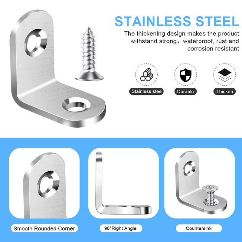 40PCS L Bracket Corner Brace Small L Brackets for Wood, Metal Corner Bracket, Stainless Steel Right Angle Bracket for Wood Furniture Chair Drawer Cabinet with 80PCS Screws (0.79 x 0.79 inch) 20 mm Silver