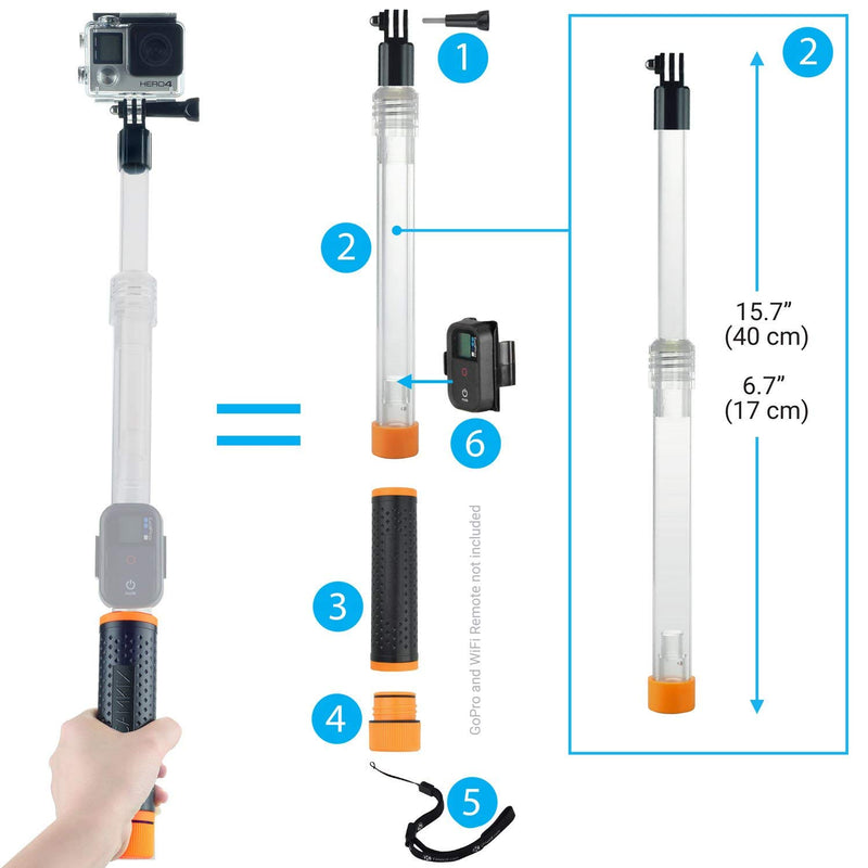 CamKix Waterproof Telescopic Pole Floating Hand Grip - Compatible with Gopro Hero 8 Black, Hero 7, 6, 5, Black, Session, Hero 4, Session, Black, Silver, Hero+ LCD and DJI Osmo Action Orange