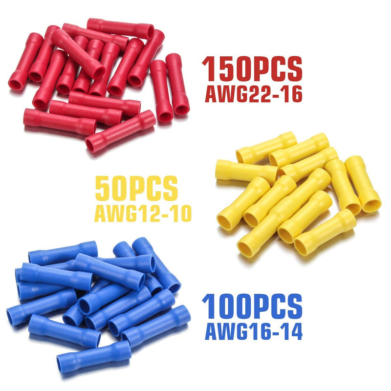 Qibaok 300 PCS Butt Splice Crimp Connectors Insulated Electrical Straight Wire Terminal Connectors 10-22AWG 1