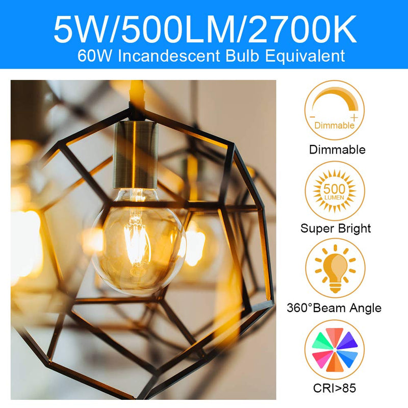 Dimmable LED Edison Light Bulb, G25 Globe Shape, Clear Glass, 60W Equivalent, 2700K Soft White, G80 Christmas Light, E26 Standard Base, UL Listed, 6-Pack 60 Watt 6 Pack