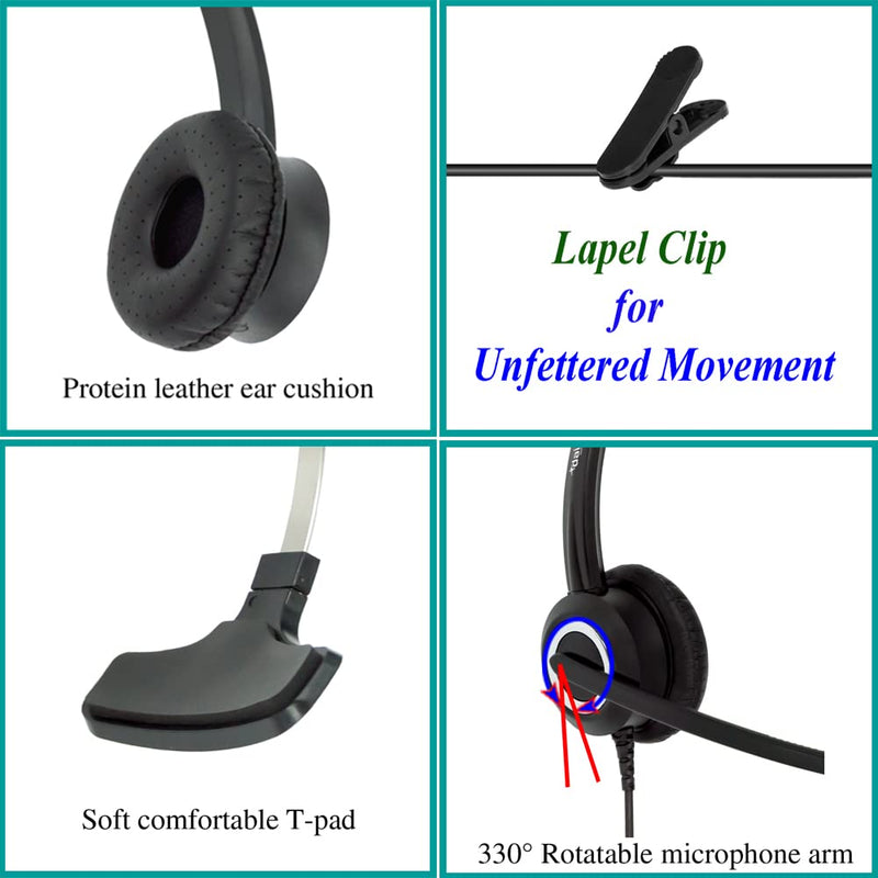 Phone Headset Noise Cancelling Mic RJ9 U10P Bottom Cable Compatible with Polycom VVX, Mitel, Shoretel, Avaya Digital Phones Single Ear