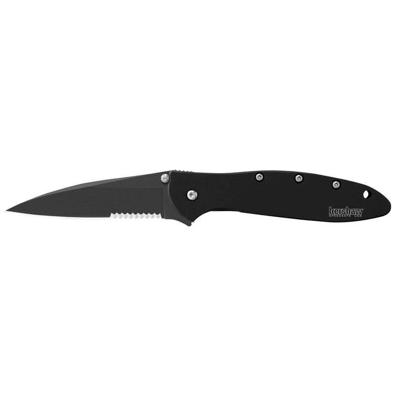 Kershaw Leek, Black Serrated Pocket Knife (1660CKTST); 3 inch Partially Serrated 14C28N Steel Blade, 410 Stainless Steel Handle, Cerakote Blade Finish, SpeedSafe Open, Pocketclip, 3 OZ