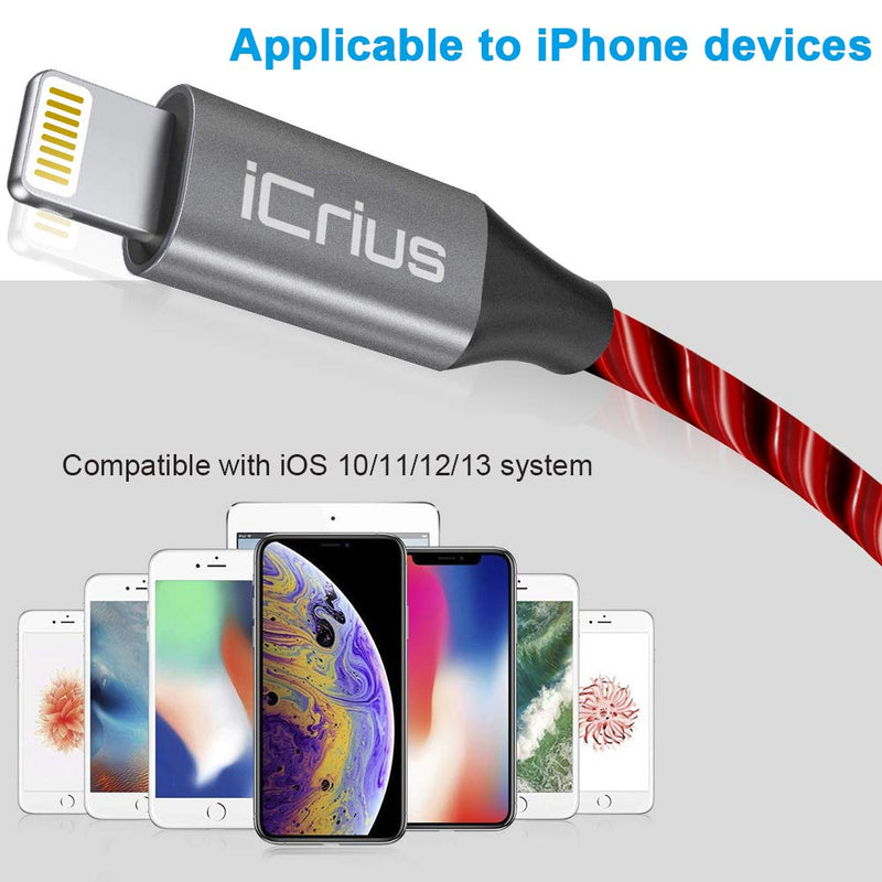 iCrius iPhone Charger Cable, MFi Certified 3ft LED Light Up Visible Flowing Lightning Charger Charging Cord Compatible with iPhone12 Plus/XS/XR/X /8 Plus / 8/7 Plus / 7, iPod Touch More (Red) Red