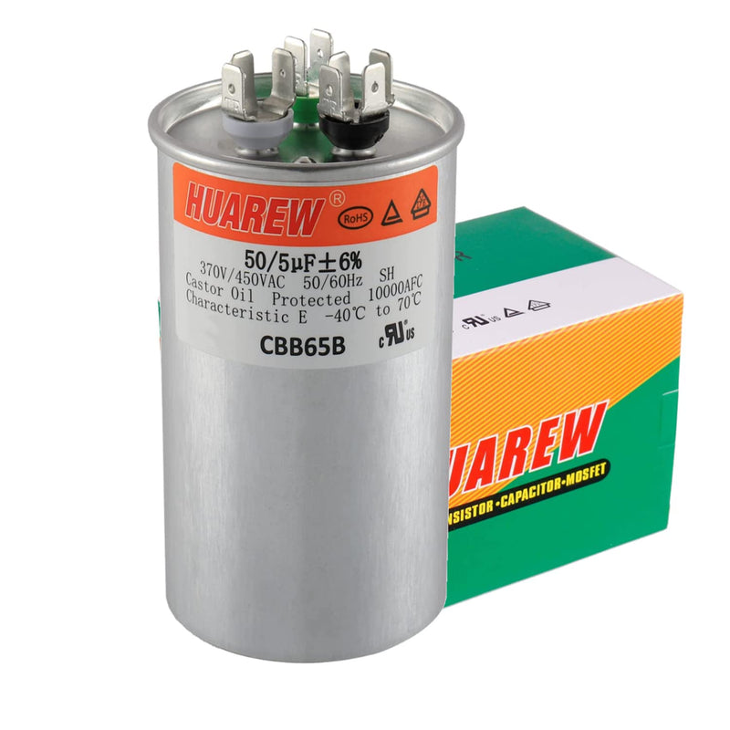 HUAREW 50+5 uF ±6% 50/5 MFD 370/440 VAC CBB65 Dual Run Start Round Capacitor for Condenser Straight Cool or Heat Pump Air Conditioner or AC Motor and Fan Starting