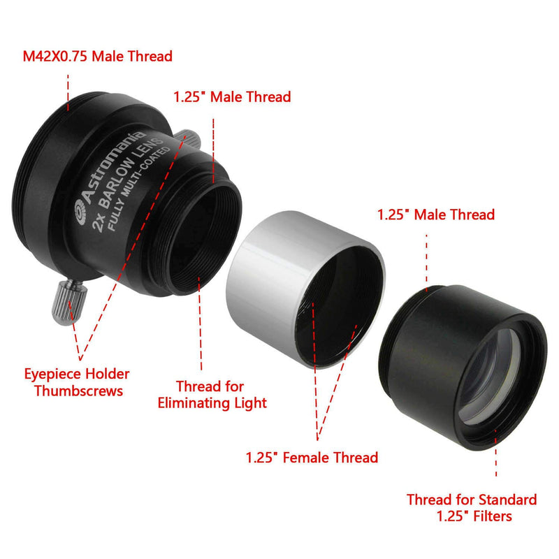 Astromania 1.25" Latest 2X Barlow Lens MultiCoated Metal with M42x0.75 Thread Camera Interface for Telescopes 1.25" 2X Barlow Lens