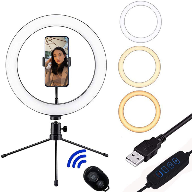 USB 10.2" Selfie Ring Light with Stand & Flexible Phone Holder,3 Light Modes & 10 Brightness,Desktop Ringlight for Tiktok/YouTube Video/Live Stream/Makeup,Remote Control Compatible with iPhone Android