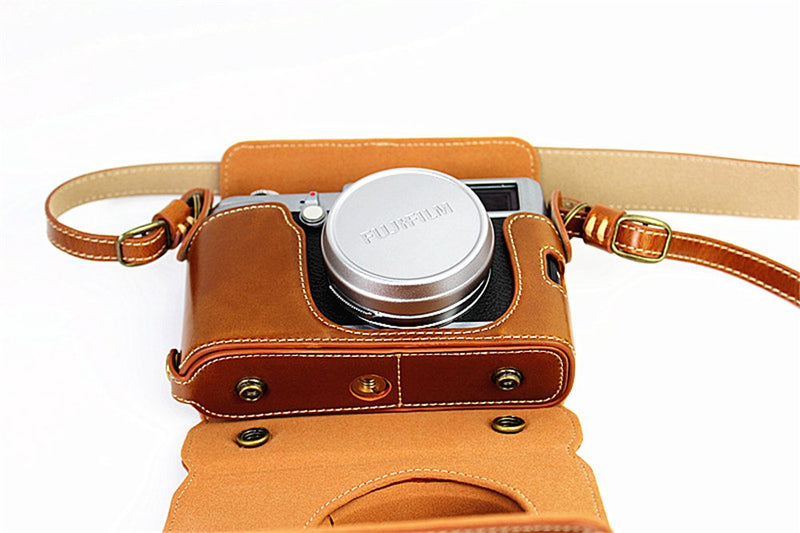 X100 Case, BolinUS Handmade PU Leather Fullbody Camera Case Bag Cover for Fujifilm Fuji X100 X100S X100T Bottom Opening Version + Neck Strap -Brown Brown
