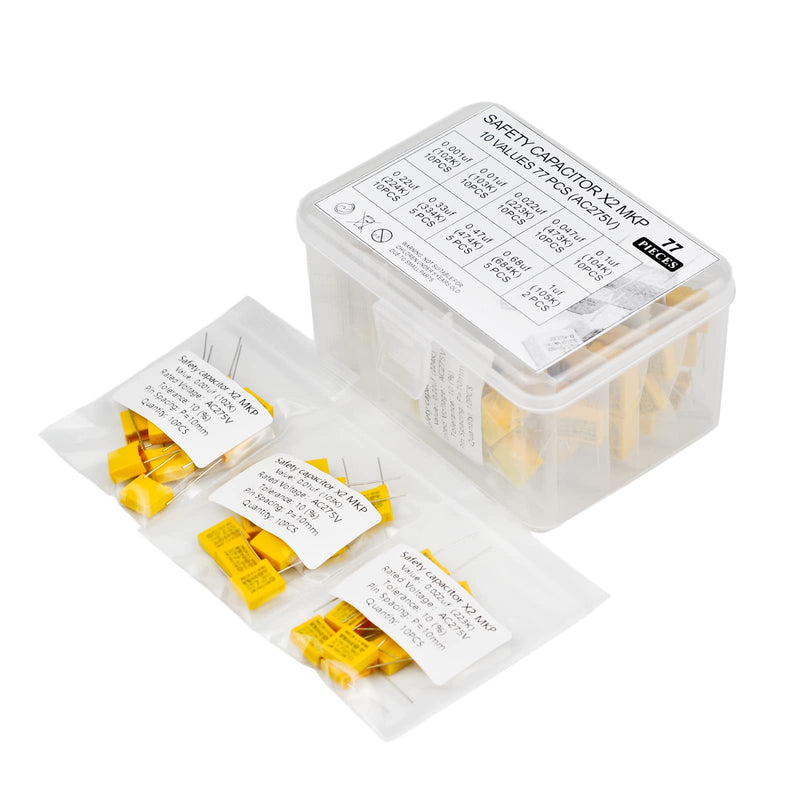 KOKISO 10 Values 77 PCS Polypropylene Safety Capacitors DIP 275VAC X2 MKP Assorted Kit Assortment(0.001uF,0.01uF,0.022uF,0.047uF,0.1uF,0.22uF,0.33uF,0.47uF,0.68uF,1uF)