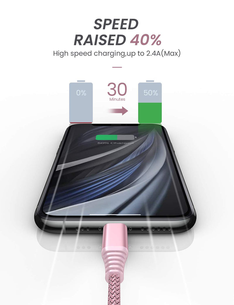 LISEN 6.6ft iPhone Charger Cable, [MFi Certified] [Never Rupture] Lightning to USB A Cable, 2.4A Fast Charging Cord Compatible with 11 Pro Max XS XR X 8 7 6S 6 Plus 5S 5 SE iPad rose gold