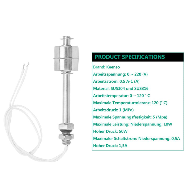 Liquid Level Sensor, 0~220V 100mm High Temperature Resistant Stainless Steel Water Level Sensor Float Switch