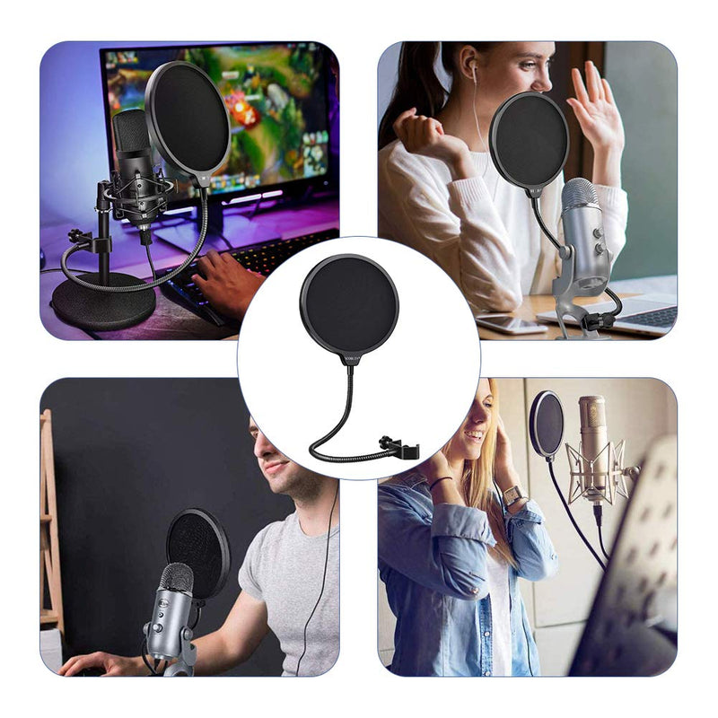 Pop Filter, Mic Pop Filter Windscreen,Swivel with Double Layer Sound Shield Guard Windscreen for Mic, With Flexible 360° Gooseneck and Metal Stabilizing