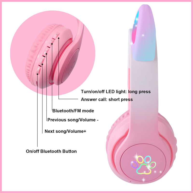 HOYJACY Cat Ear Kids Bluetooth Headphones for Girls Children Teens, LED Light Up Wireless/Wired Mode Foldable Stereo Girls Headphones with Built-in Mic for School Birthday Xmas Gift (Pink) Pink