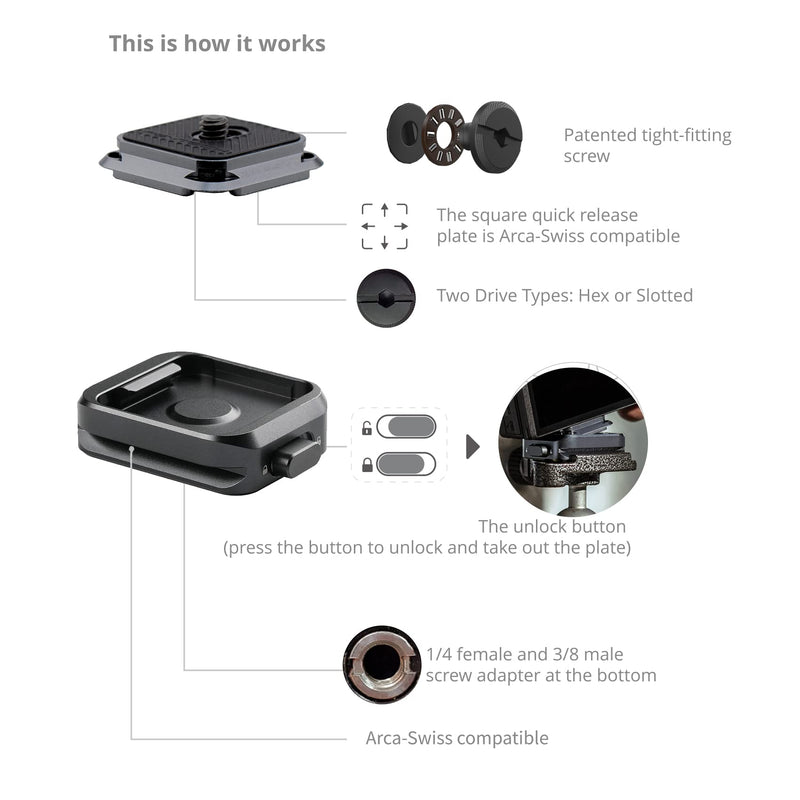 PGYTECH SnapLock Plate +Adapter w/Arcac-Swiss Interface Camera Quick Release Plate Mount for Sony/Nikon/Fuji Quick Setup Mount w/ 1/4" to 3/8" Screw Thread Gimbles Sliders Tripods Adapter