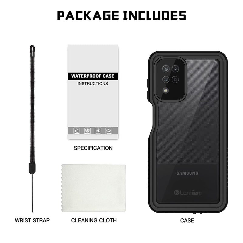 Lanhiem Samsung A12 Case, IP68 Waterproof Dustproof Case with Built-in Screen Protector, Full Body Heavy Duty Shockproof Protective Cover for Samsung Galaxy A12 6.5 Inch (Black/Clear)