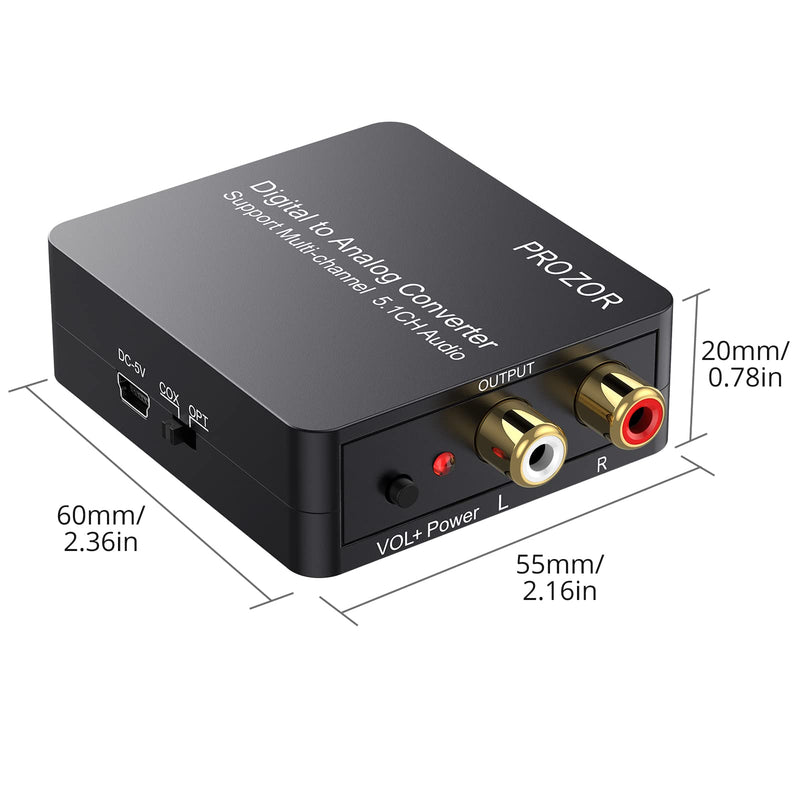 PROZOR Digital to Analog Audio Converter Support Dolby/DTS Decoder, Optical Out to RCA DAC Decoder, Optical to 3.5mm Converter, Optical/SPDIF/Toslink/Coaxial/DTS/PCM/5.1CH to 2CH Analog Stereo