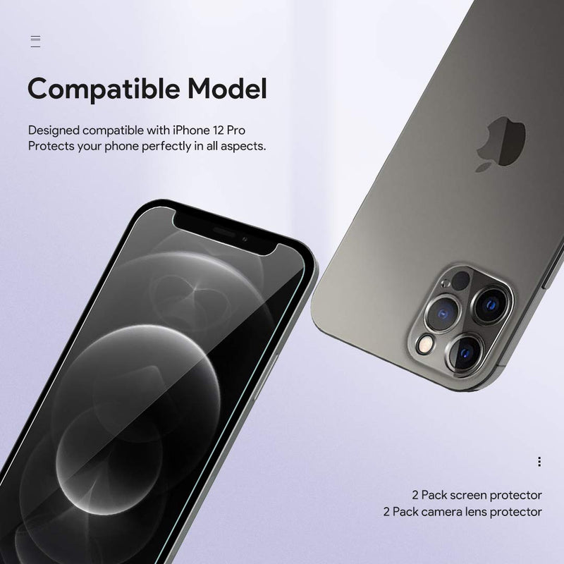 [2+2 Pack] LϟK 2 Pack Tempered Glass Screen Protector & 2 Pack Camera Lens Protector Compatible for iPhone 12 Pro 5G 6.1 inch -Not for iPhone 12, Tempered Glass, Come with Installation Tray - Gray clear iPhone 12 Pro 6.1