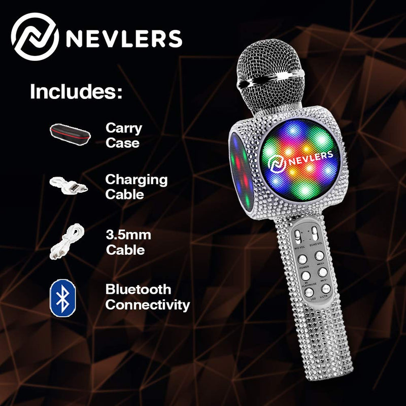 [AUSTRALIA] - NEVLERS Karaoke Microphone with Wireless Bluetooth Speaker, Voice Changer and Colorful LED Lights, Easy To Use Portable Karaoke Machine for Kids and Adults - SILVER BLING 