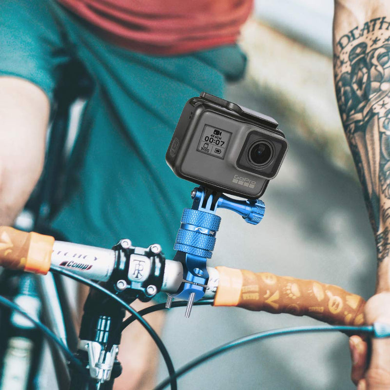 HSU Aluminum Bike Bicycle Handlebar Mount for Gopro Hero 10/9/8/7/6/5/4 Session SJCAM AKASO Campark and Other Action Cameras, 360 Degrees Rotary Mountain Bike Rack Mount (Blue) Blue